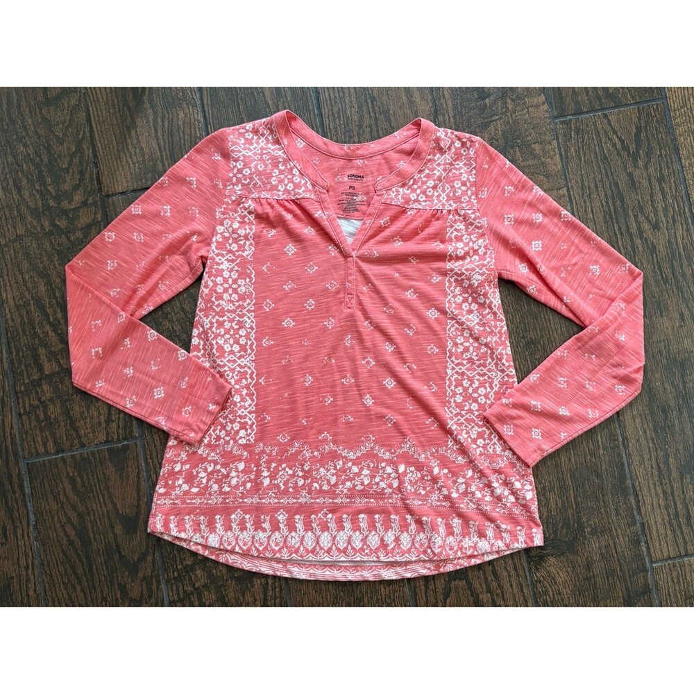 Sonoma Womens PS Coral Boho Henley Tunic Bandana Paisley Long Sleeve Top Shirt